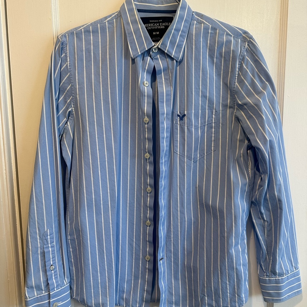 American Eagle Outfitters Blue and White Striped Dress Shirt